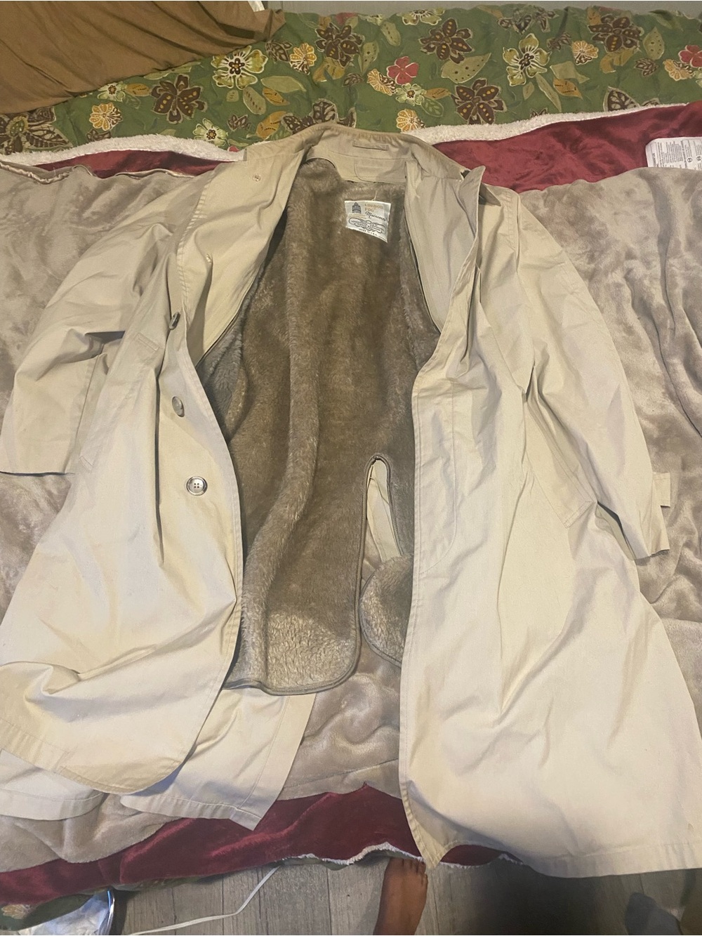 London Fog Beige Trench Coat with Faux Fur Lining